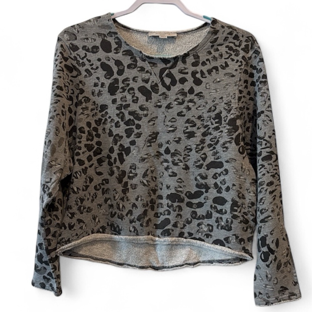 All Saints Gray Leopard Animal Print Raw Edge Cropped Sweatshirt Small